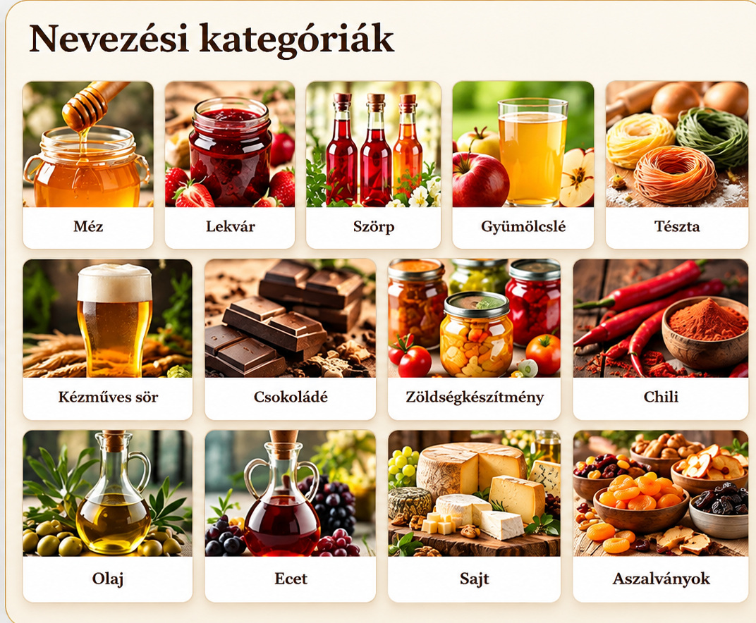 Nevezési kategóriák: Méz, Lekvár, Szörp, Gyümölcslé, Tészta, Kézműves sör, Csokoládé, Zöldségkészítmény, Chili, Olaj, Ecet, Sajt, Aszalványok